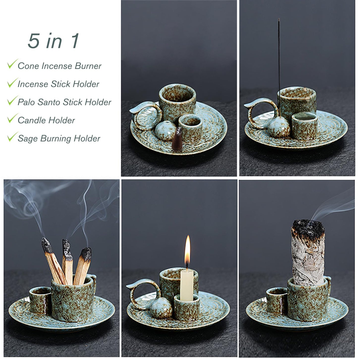 4 in 1 Ceramic Incense Burner Holder with Handle for Burning Sage, Palo Santo Stick, Joss Sticks, Candle in Your New House, Office, Yoga, Meditation Room (Speckled Blue)