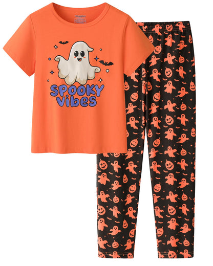 UNICABBIT21 Pajamas for Girls Cute Orange and Black Ghosts Halloween Pants and Short Sleeve Tee Big Kids Sleepwear Set Size 12