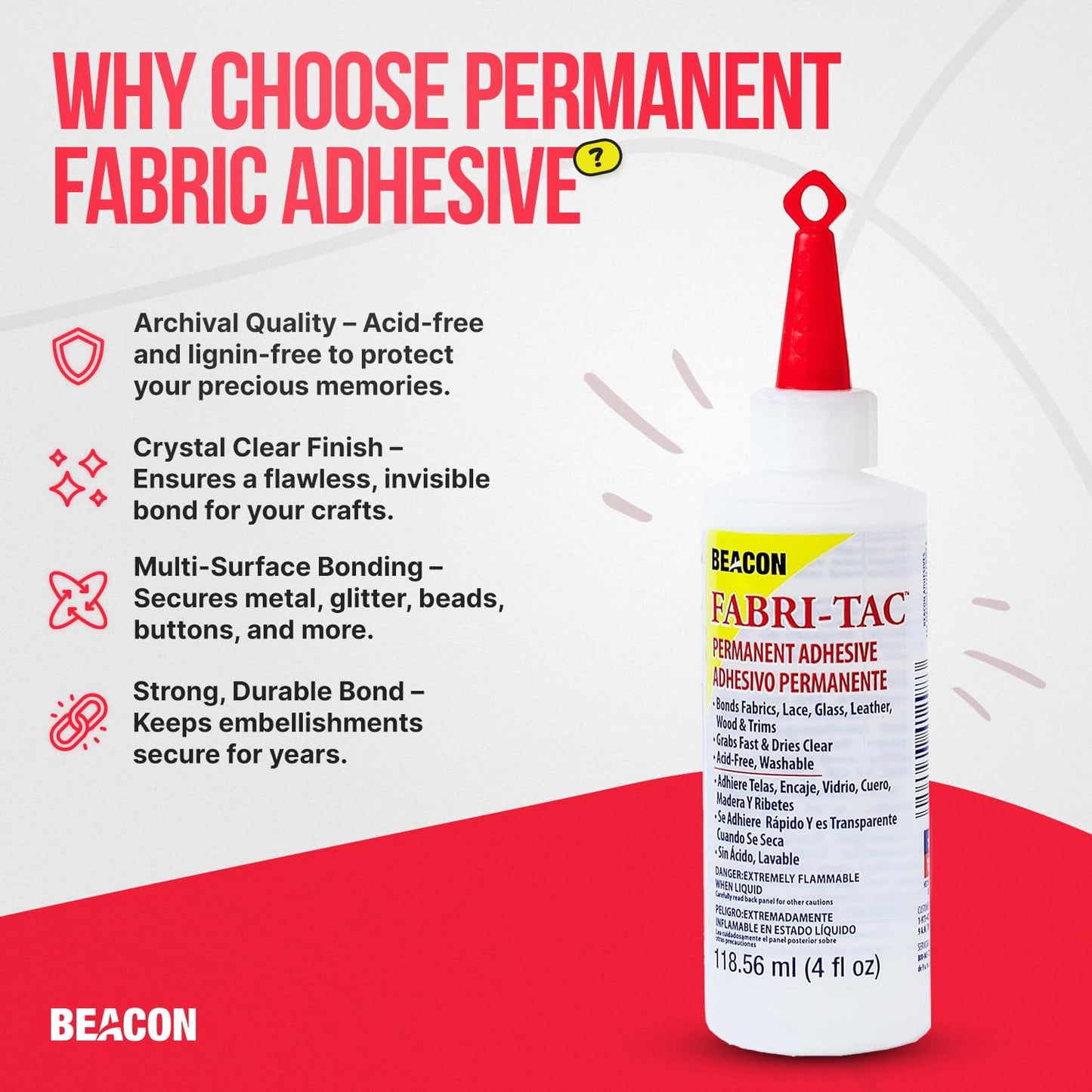 Beacon Fabri-Tac 118ml Permanent Adhesive Fabric Glue - Strong Leather Glue for Lace, Clothes, Glass, Wood & Trims - Quick Drying Craft Glue for Upholstery, Home decor & Household Repairs