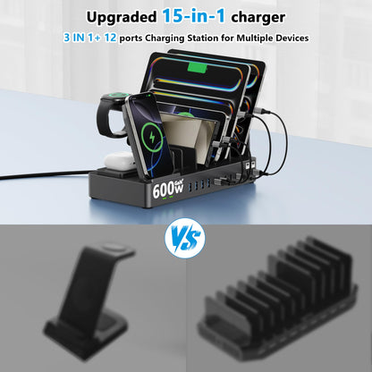 600w Charging Station for Multiple Devices, 15 in 1 Wireless Charging Station for Apple, Dual 100w USB C Tablet Charging Station for MacBook,iPhone,iPad,Tablet(Black)