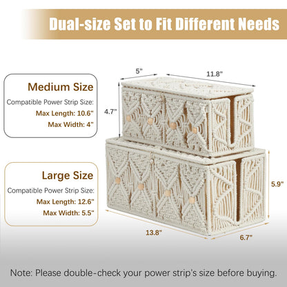 VinneGenzz 2PCS Cable Management Boxes Handmade Macrame Cord Storage Organizer Power Strips Outlet Router TV Wire Hider Cover Under Desk Natural Cotton Rope Woven Box with Lid (1 Large 1 Medium)