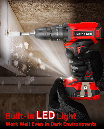 Power Drill Set 21V, Cordless Hammer Drill with 2 Batteries 2.0Ah,42N.m Max, 25+3 Torque, 2 Speed, LED Light, 20pcs Bits Electric Drills for Home