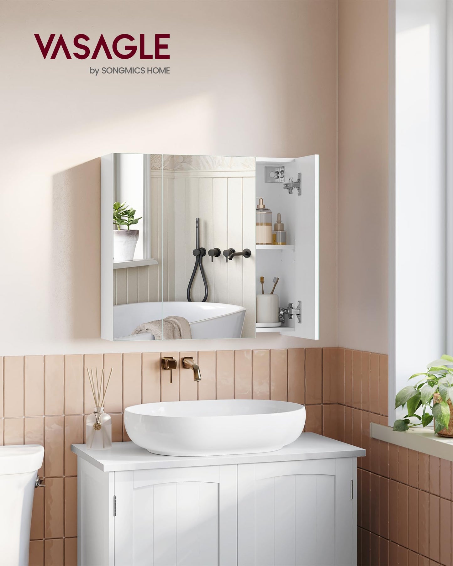 VASAGLE BBK22WT Bathroom Wall Cabinet with Mirror, 3 Door Storage Unit, 60 x 15 x 55 cm, with Adjustable Shelf, Modern, White BBK22WT