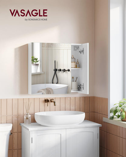 VASAGLE BBK22WT Bathroom Wall Cabinet with Mirror, 3 Door Storage Unit, 60 x 15 x 55 cm, with Adjustable Shelf, Modern, White BBK22WT