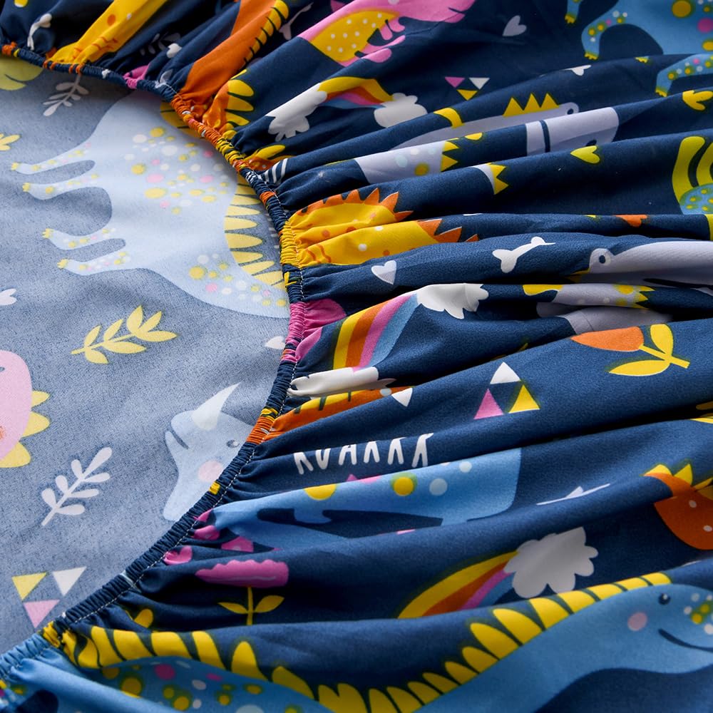 NATURETY Bedding Fitted Sheet with Deep Pocket,Dino Printed Thicken Soft Fabric Bed Sheets (Navy Blue(Dinosaur), Queen)