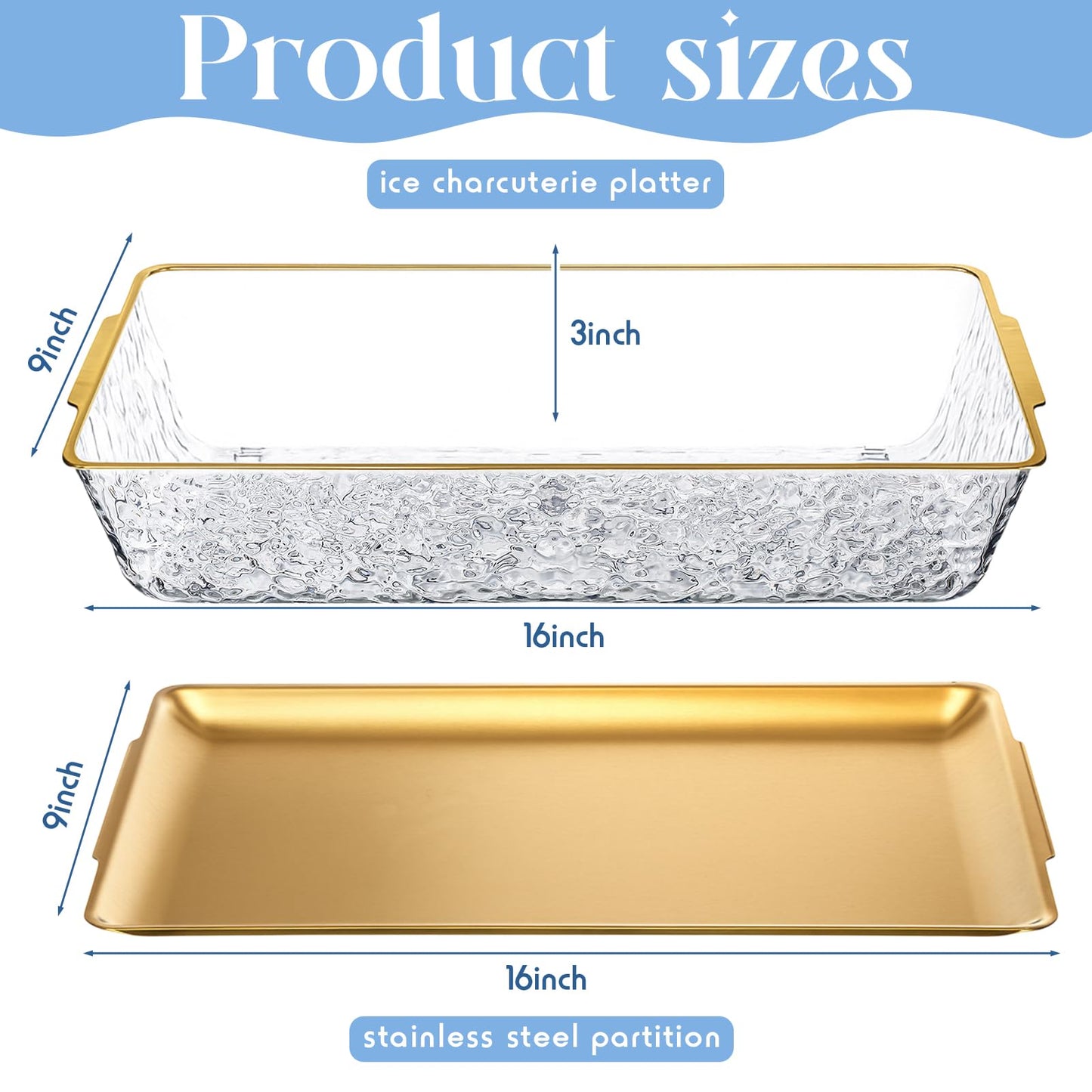 Baderke 1 Set 16" x 9'' Chilled Serving Tray for Parties with Compartments Rectangle Serving Dish Ice Charcuterie Party Platter for Shrimp Fruit Seafood Vegetable Appetizer (Gold)