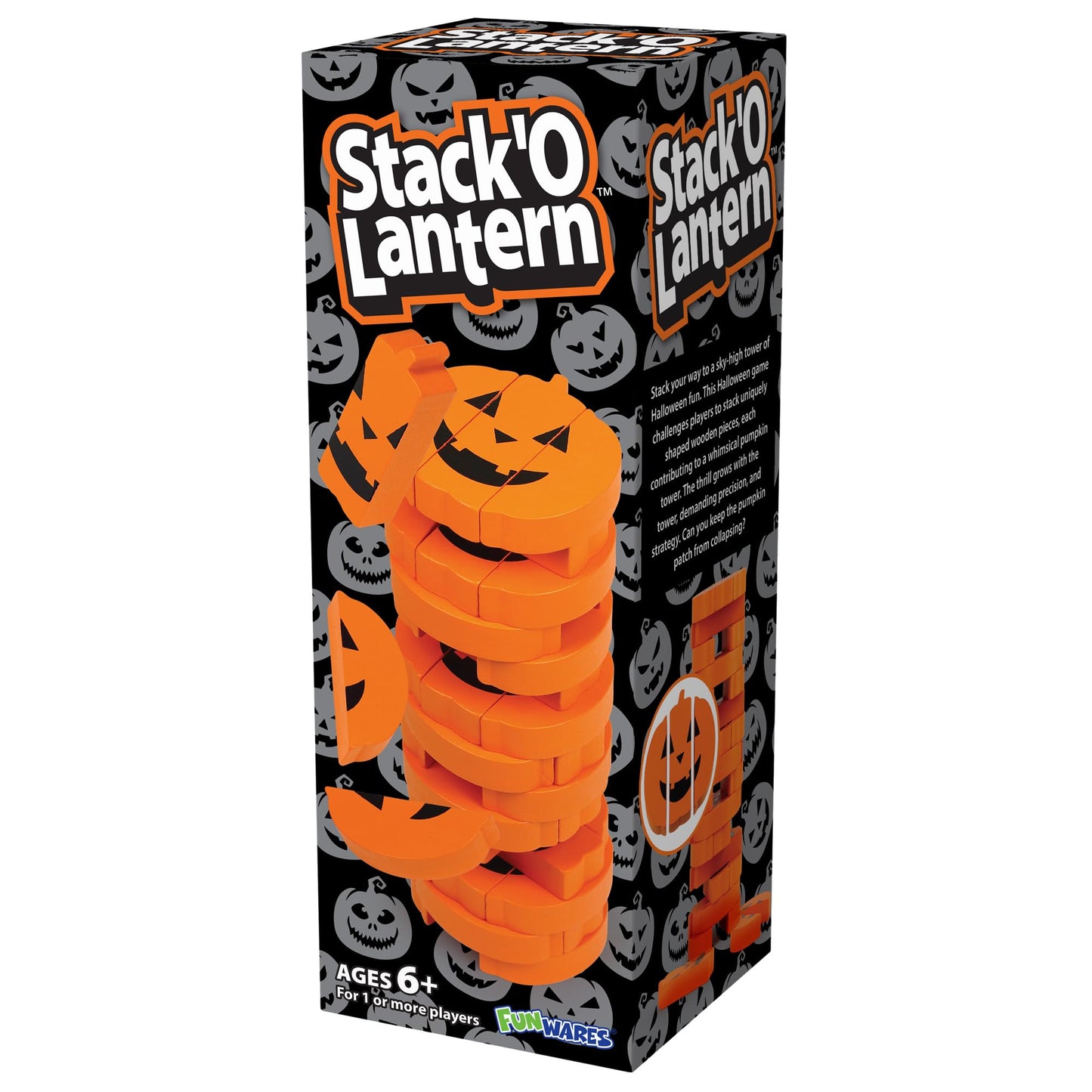 Funwares Wooden Blocks Stacking Game, Tumbling Tower and Balance Game, Family & Party Fun, Game for Kids and Adults, Ages 6+, Stack 'O Lantern, The Fall Pumpkin-Themed Wood Blocks Stacking Game
