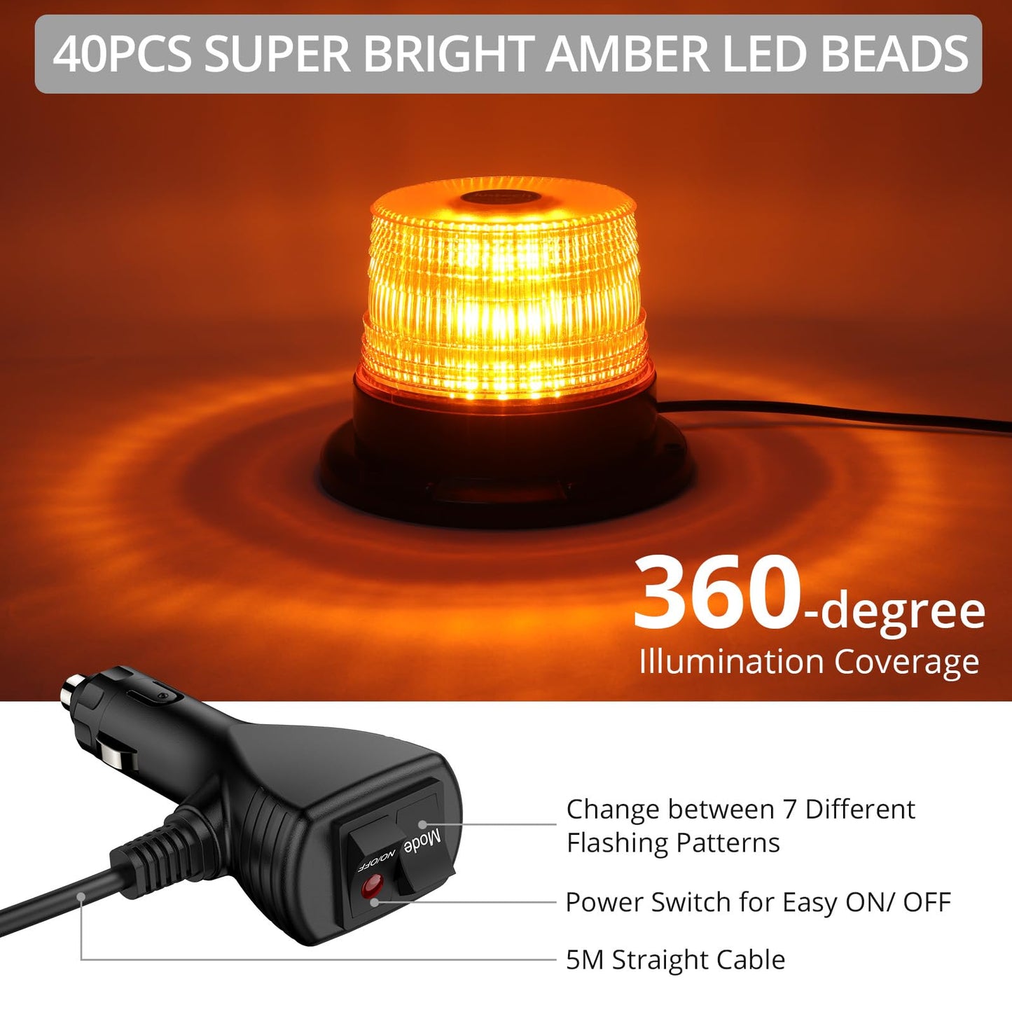Justech 12/24V Flashing Beacon 40W 40 LED Emergency Warning Strobe Light Amber Strobe Lights 7 Flash Modes Waterproof with Magnetic Base for Truck Vehicle