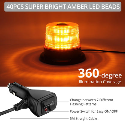Justech 12/24V Flashing Beacon 40W 40 LED Emergency Warning Strobe Light Amber Strobe Lights 7 Flash Modes Waterproof with Magnetic Base for Truck Vehicle