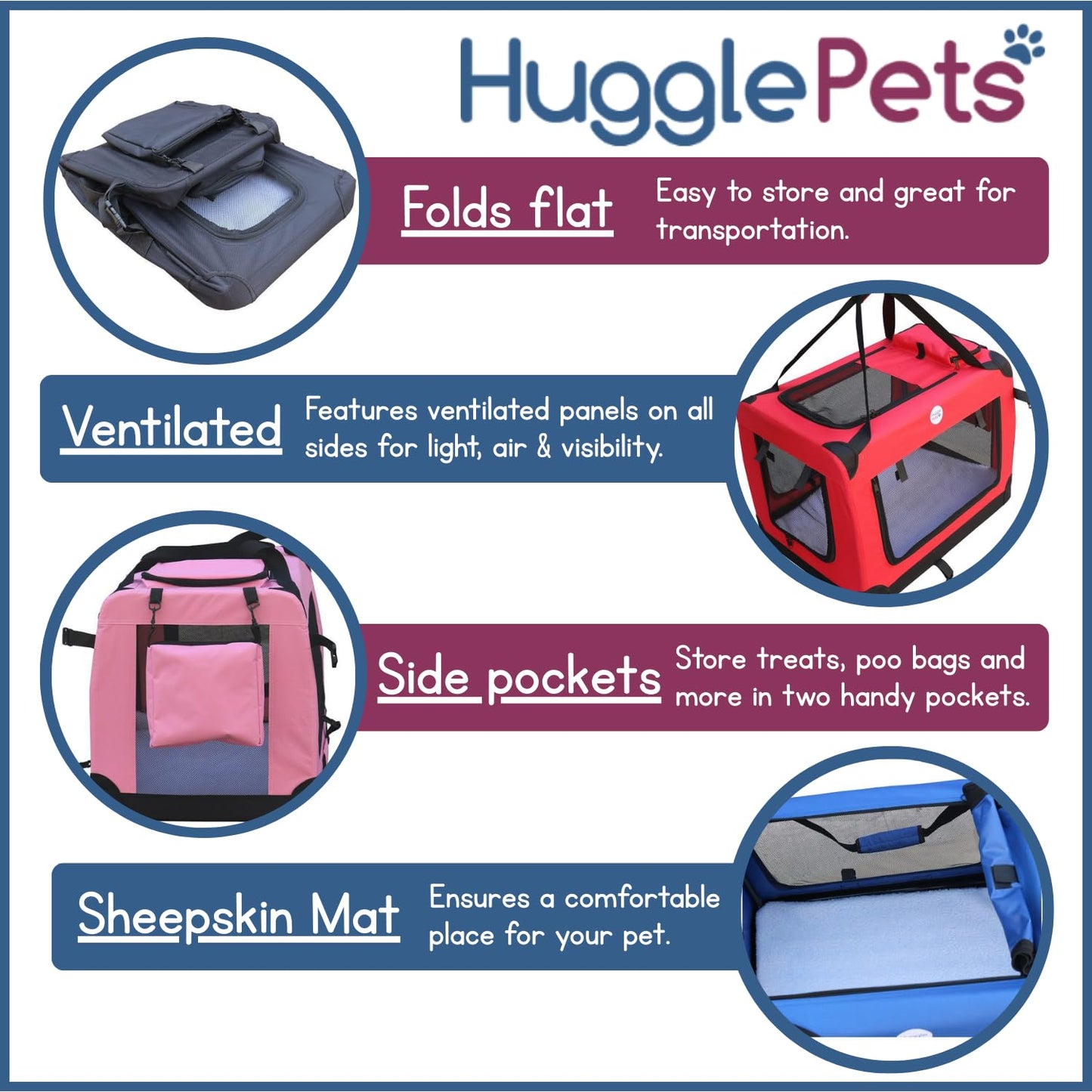 HugglePets Foldable Fabric Pet Crate Carrier - Purple (Large 70 x 52cm) Lightweight & Ventilated Double Door Carrier for Dogs & Cats with Sheepskin Mat. Ideal for Home & Travel.