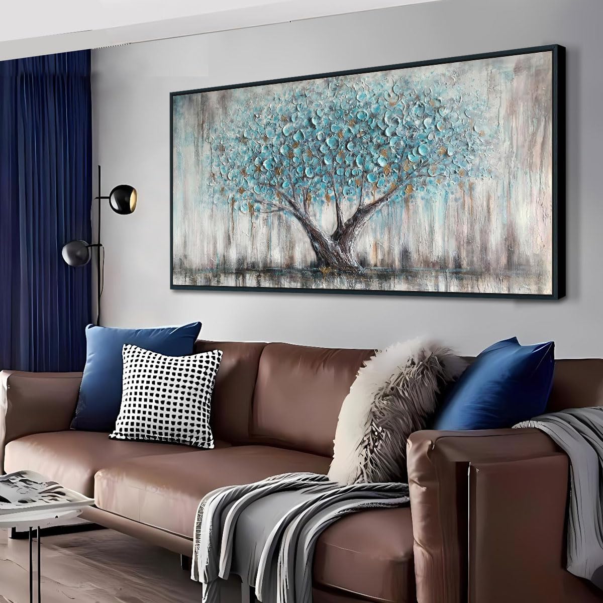 Arjun Tree Wall Art Canvas for Living Room Blue Tree of Life Nature Teal Abstract Textured Painting Picture Modern Panoramic Landscape Artwork Framed Bedroom Home Office Decor, Large Size 40"x20"