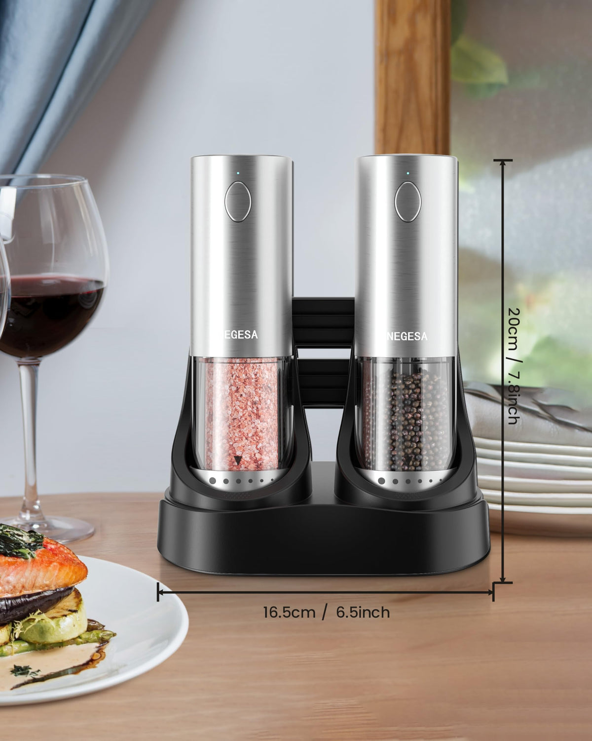 Electric Salt and Pepper Grinder Set with Rechargeable Base - Automatic Refillable Electric Salt and Pepper Shakers with Large Capacity, LED Light & Adjustable Coarseness, Stainless Steel