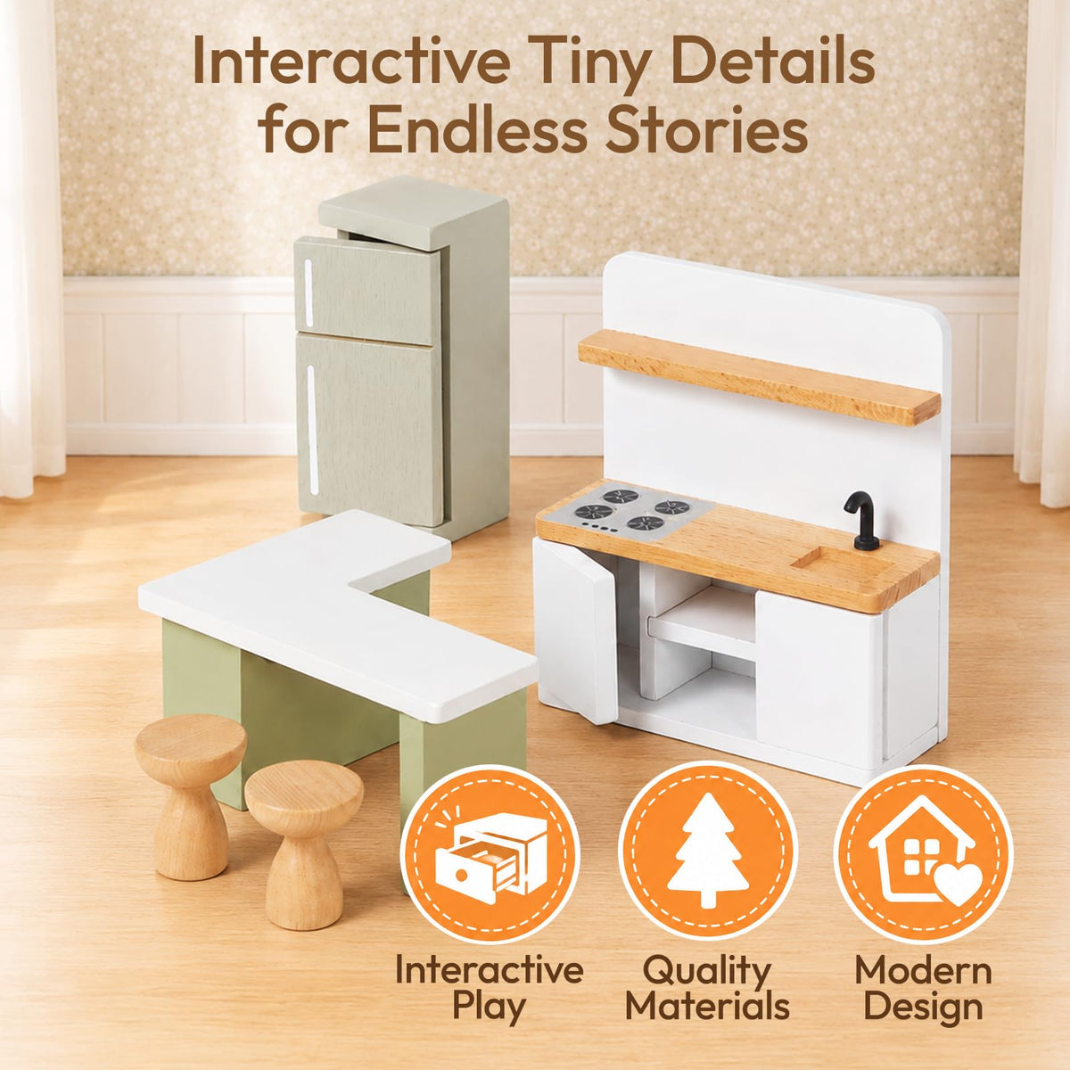 Giant bean 33 PCS Wooden Dollhouse Furniture Set, Modern Doll House Accessories with Bedroom, Kitchen, Bathroom, Nursery & Living Room, Montessori Pretend Play Toys for Kids Girls Boys Age 3+