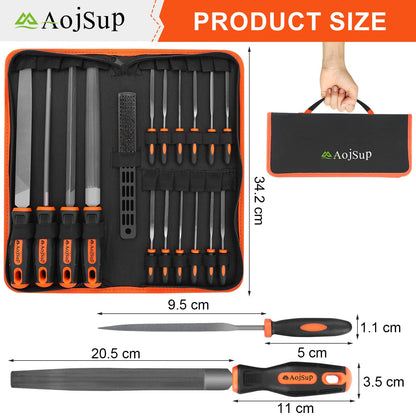 AojSup 17Pcs Metal File Set, Professional Files Tools, Premium Metal Files with Suitcase, 4X Large Files - Flat/Triangle/Half-Round/Round File&12x Needle Files, Perfect for Wood, Metal&DIY Project
