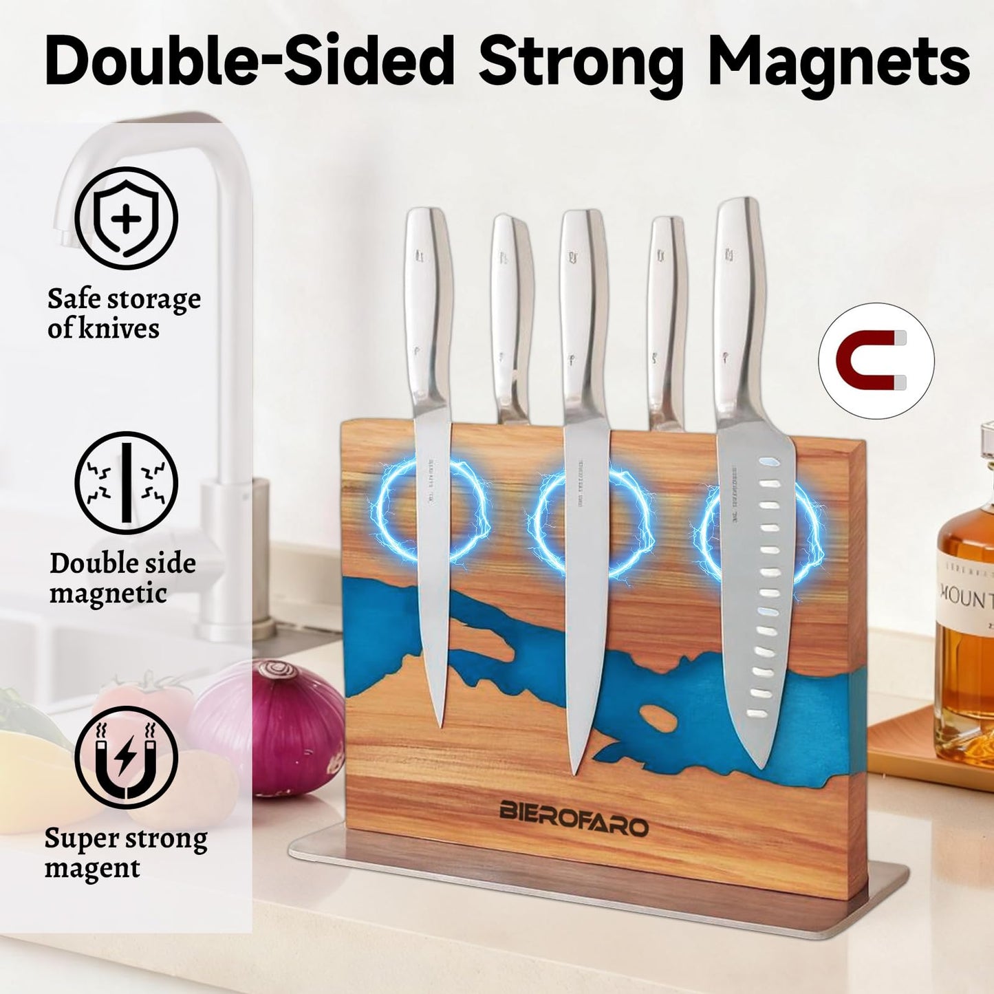 Magnetic Knife Block with Steel Base, Double‑Sided Knife Holder Made of Acacia Wood for Chef Knives, Modern Kitchen Countertop Organizer, Blue Resin River Design