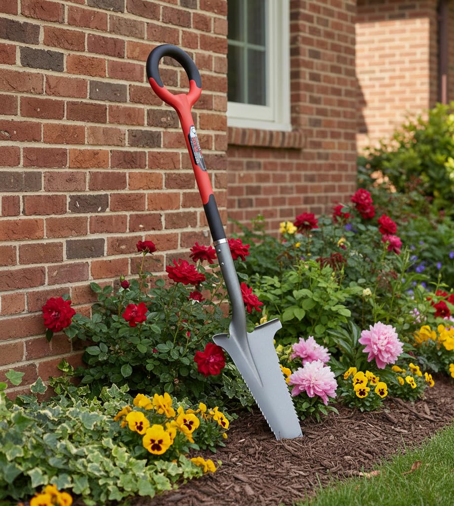 Root Slayer 22011 Garden Shovel with Serrated Blade for Digging and Root Cutting, Heavy Duty Steel Spade, Red