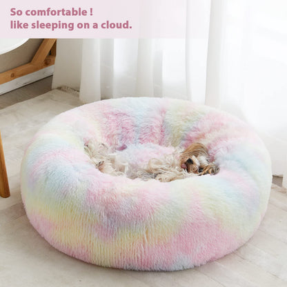 WNPETHOME Calming Dog Bed Cat Bed Donut, Faux Fur Pet Bed Self-Warming Donut Cuddler, Comfortable Round Plush Dog Beds (20 x 20 x 8 Inch, Rainbow)