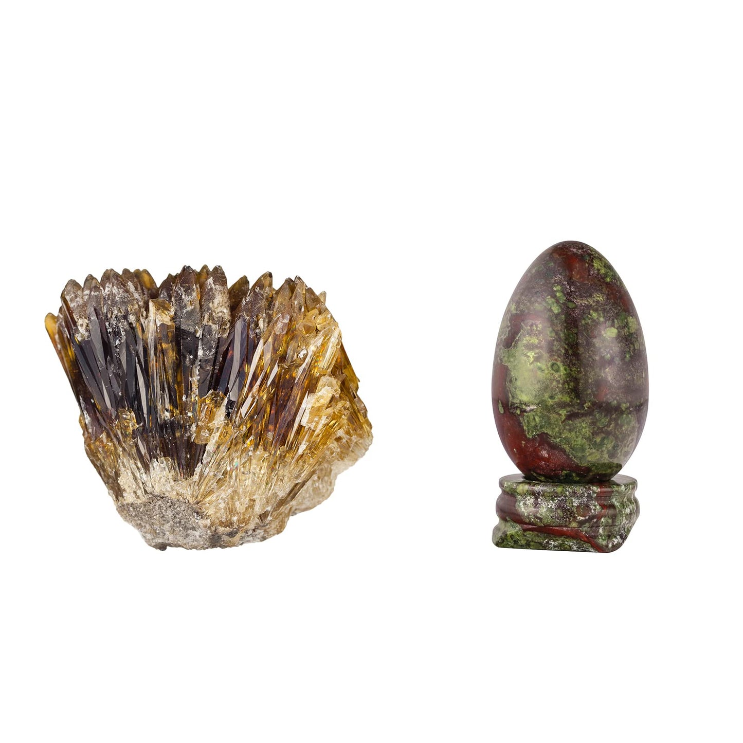 mookaitedecor Bundle - 2 Items: Natural Raw Amber Calcite Crystal Cluster Geode Stone & Dragon Blood Jasper Crystal Egg with Stone Stand for Home Decor