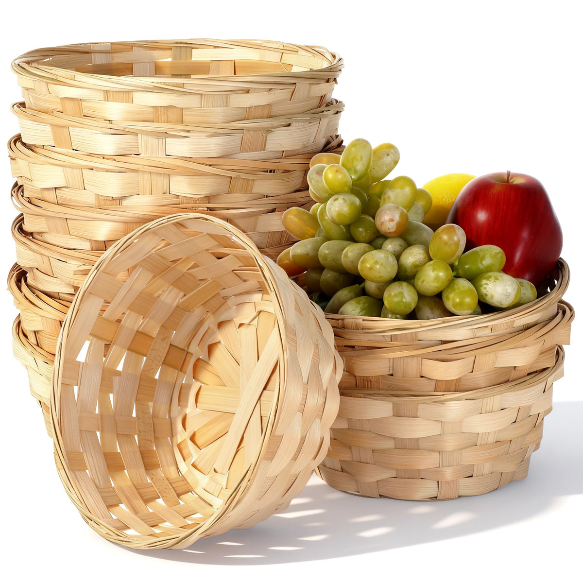 Ckhoid 10Pcs Round Gift Baskets, 8 Inch Natural Bamboo Woven Fruit Basket, Small Wicker Bread Roll Serving Basket, Handwoven Food Storage Serving Baskets for Kitchen, Restaurant