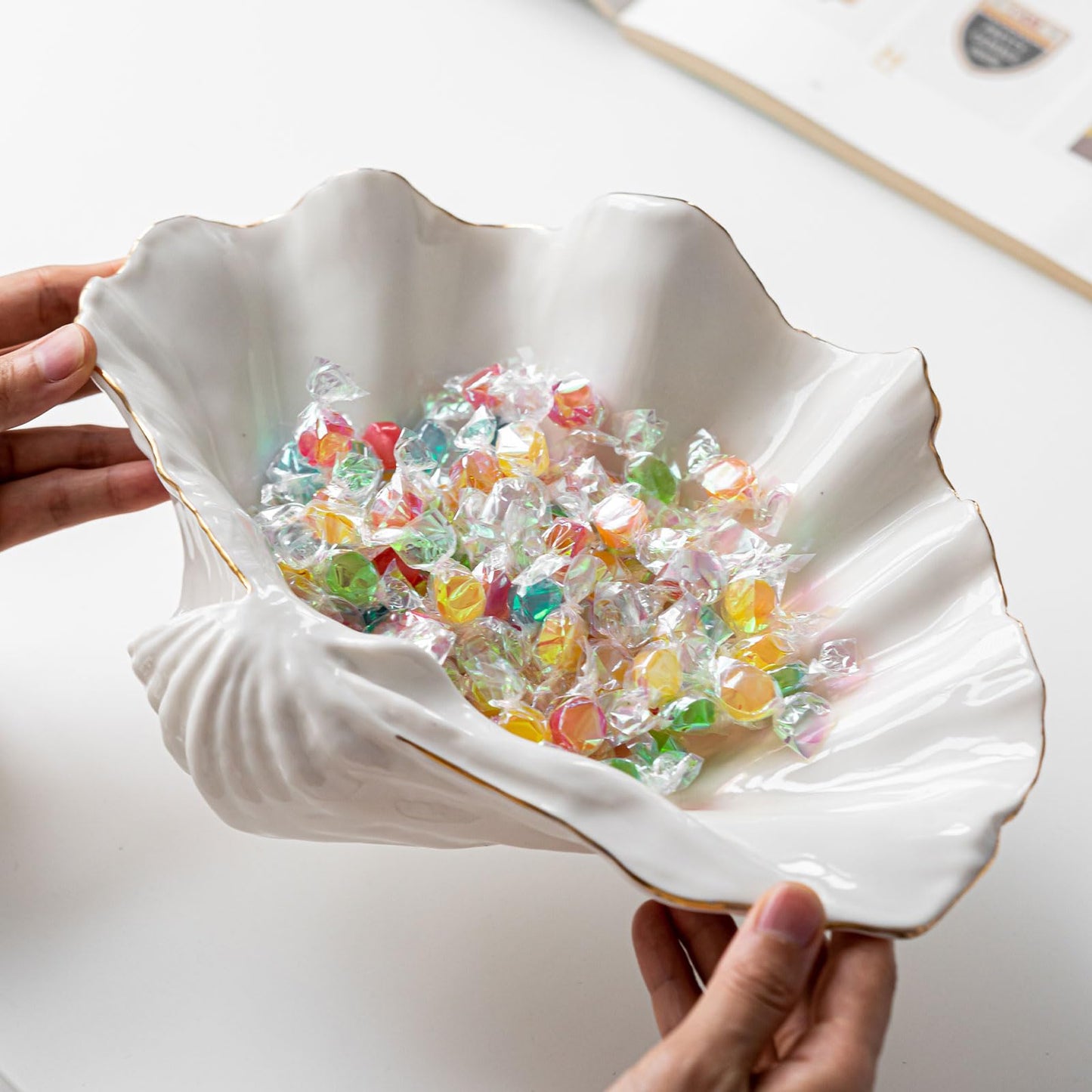 White Sea Shells Decorative Bowl - Large Clam Shell Bowl, Fruit Bowl, Key Bowls, Candy Dish, Coastal Ocean Centerpieces for Entryway, Living Room, Bathroom, Beach House, Nautical, Seaside, Shelf Decor