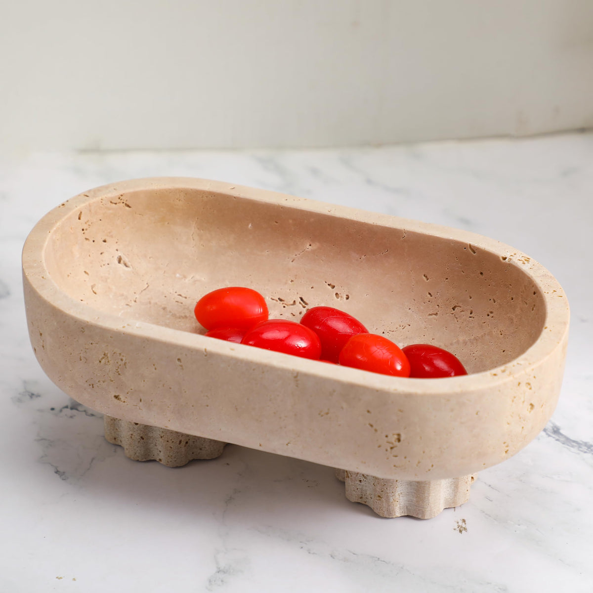 LemonRoad Natural Oval Travertine Fruit Bowl 10" Large Decorative Bowl 2 Legs & Travertine Decor Pedestal for Kitchen Counter Dining Table, Entryway, Kitchen Fruit Organizer, Dining Table Centerpiece