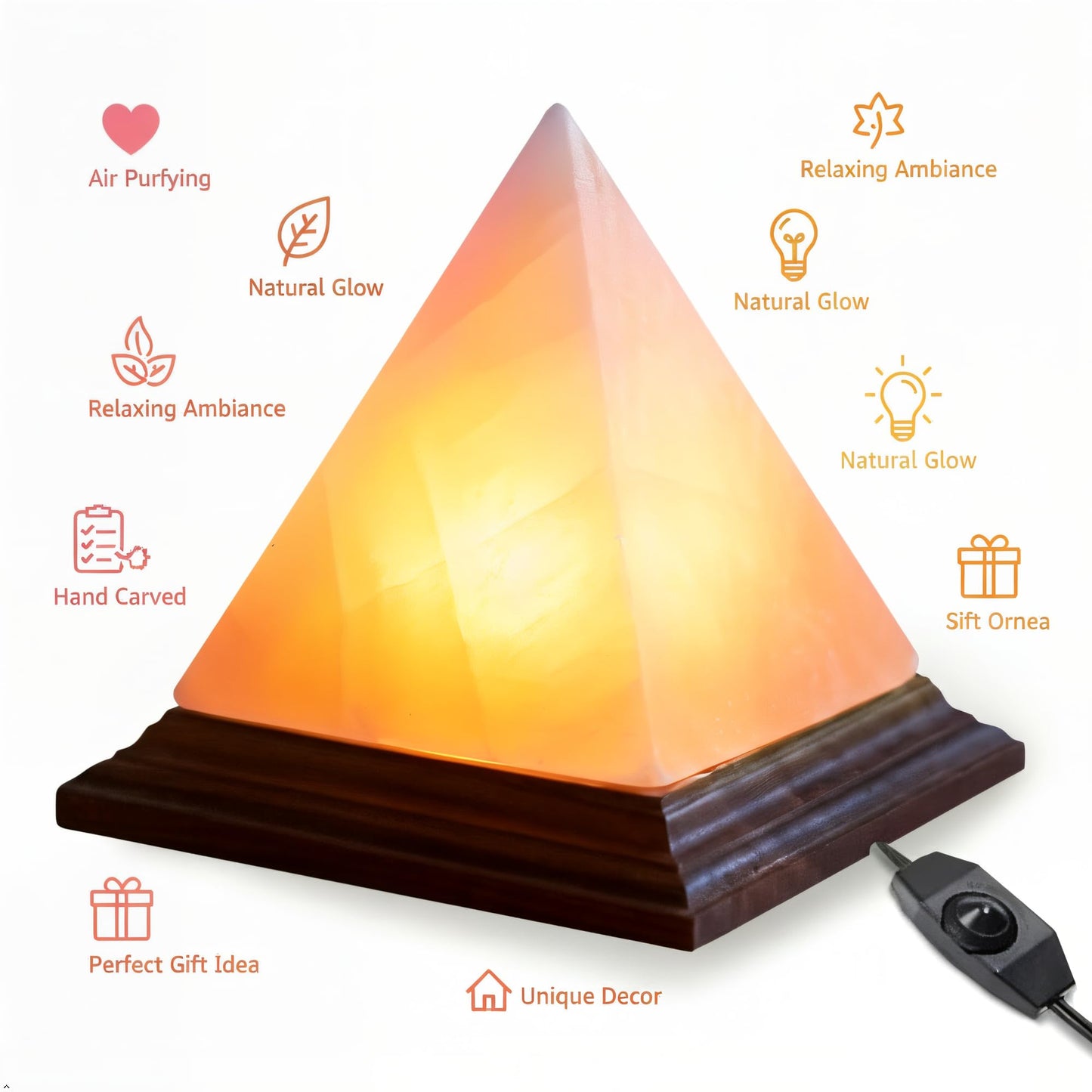 ZKTRADING Himalayan Pink Salt Pyramid Lamp 7 Inch Tall with Dimmer Switch, Handcrafted Natural Crystal Salt Lamp, Warm Yellow Glow Night Light for Bedroom, Office & Home Decor Gift