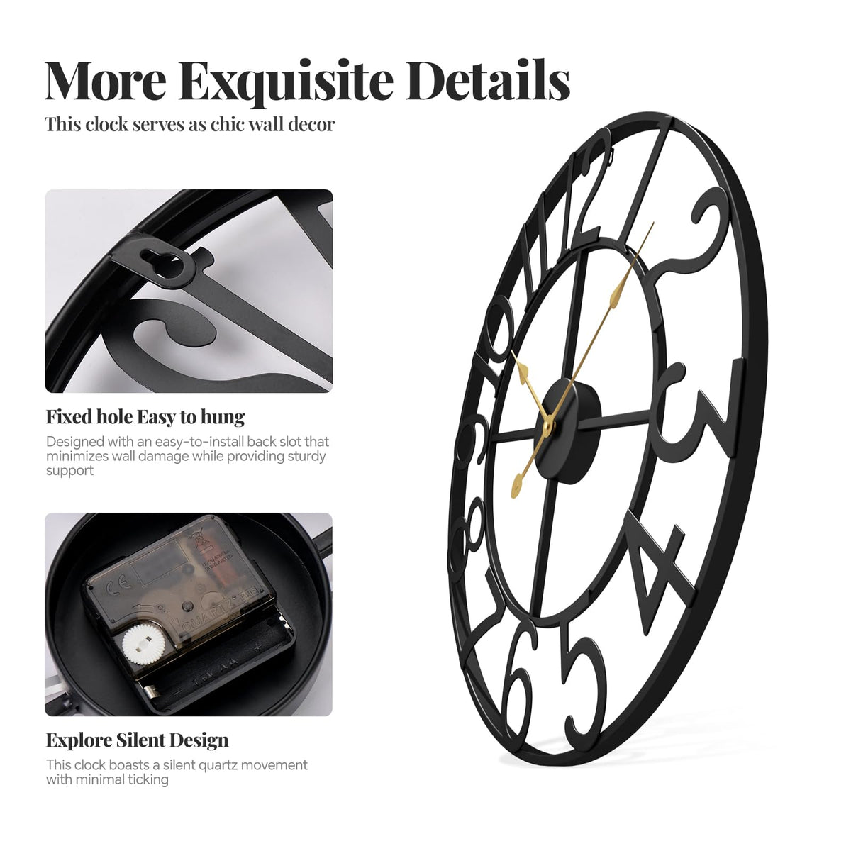 Cuspin Large Wall Clock for Living Room Decor, 30 Inch Wall Clock Battery-Operated Silent Non Ticking, Modern Black Decorative Metal Clock with Arabic Numerals
