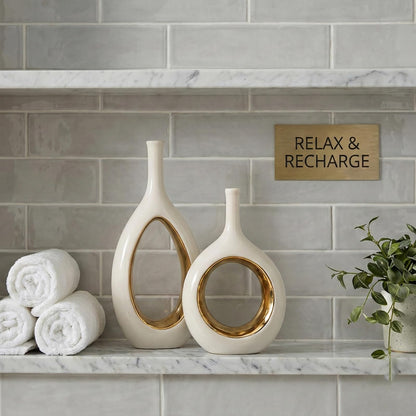 White and Gold Vase Ceramic White Vases Home Decor,Modern Minimalist Circle with Hole Decorative Vase, Hollow Ellipse Flower vases for Bookshelf, Fireplace Mantle, Centerpieces,Farmhouse,Rustic Décor