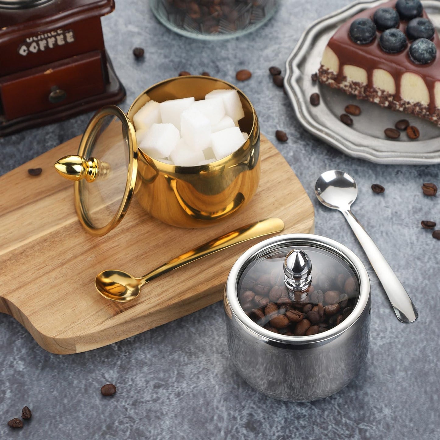 IBWell 10oz Sugar Bowl with Clear Lid and Spoon 2 Pack Silver Coffee Bar Containers for Kitchen Stainless Canister for Seasoning