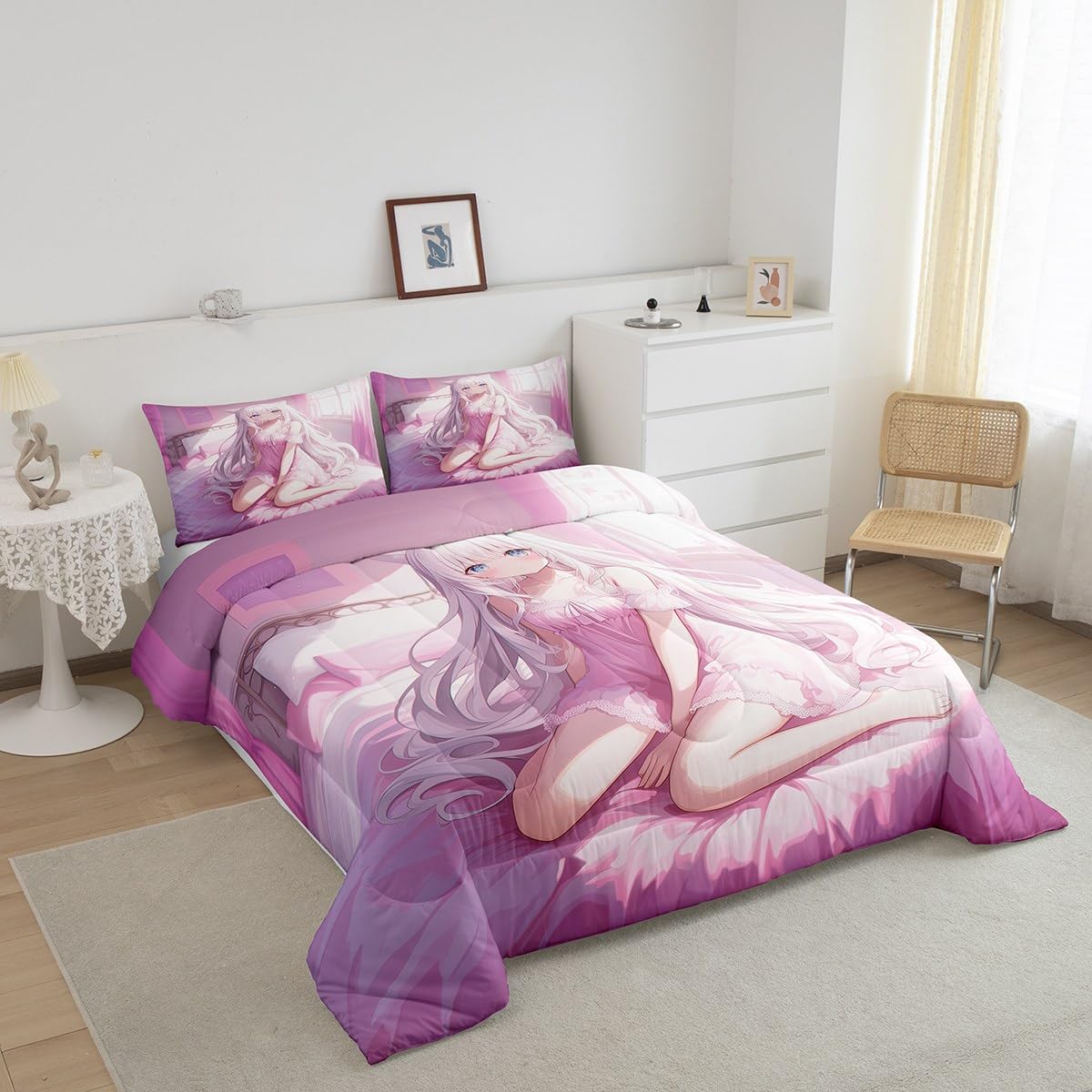 Erosebridal Full Size Japanese Anime Comforter Set for Kids, Anime Girl Bedding Set Kawaii Japanese Style Quilt Cartoon Japan Animation Duvet Insert for Boys Teens Adult Women Bedroom, Pink