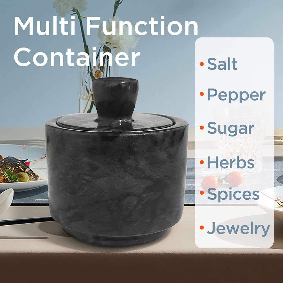 HESHIBI Marble Salt Cellar with Lid, Salt and Pepper Bowls Box Container, Salt Jar with Lid for Kitchen and Bathroom(Black)