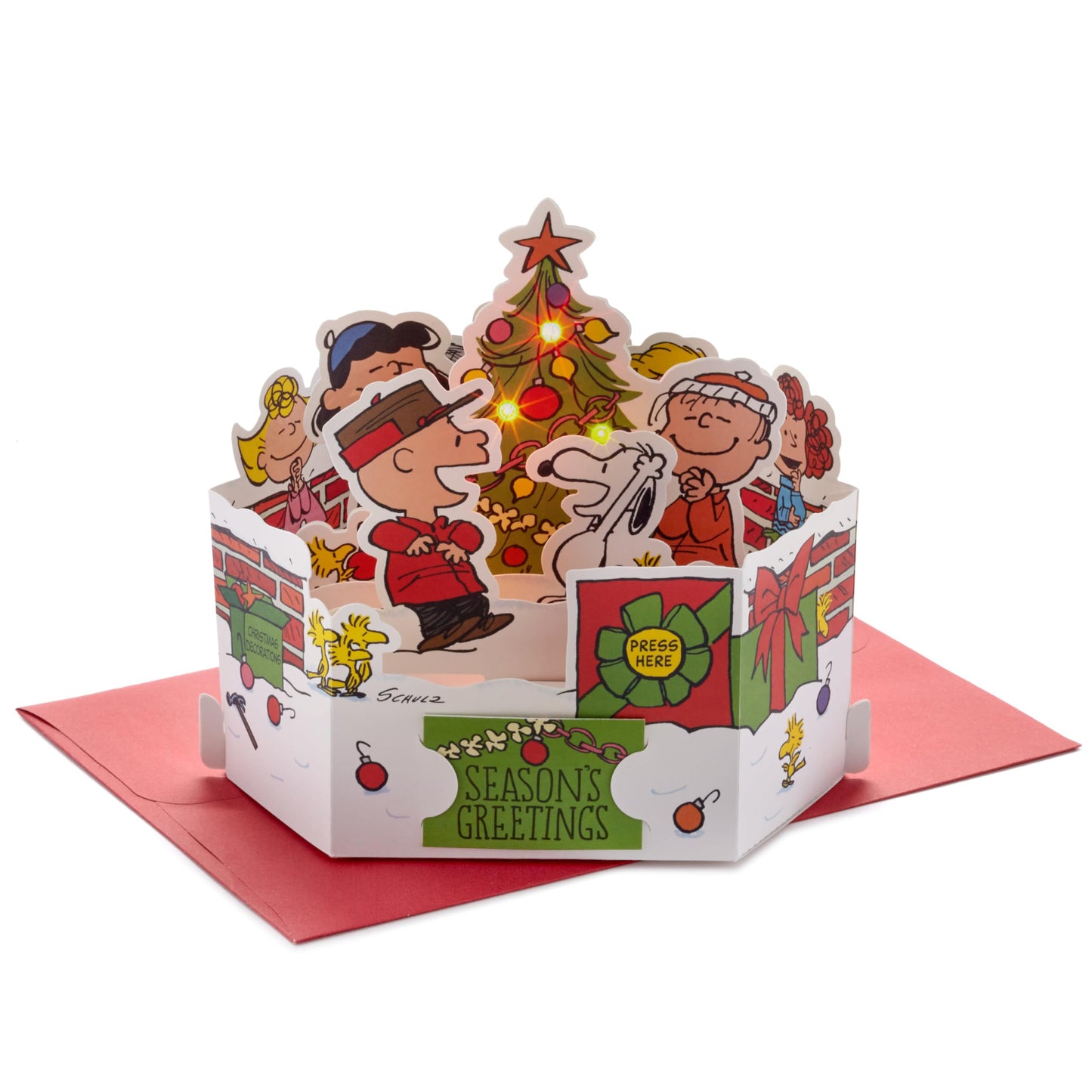 Hallmark Paper Wonder Peanuts Displayable Pop Up Christmas Card with Light and Sound (Charlie Brown Christmas Tree, Plays Christmastime is Here)