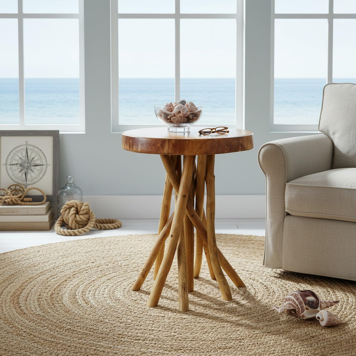 WELLAND Teak Wood Stick Leg End Table, 16" L x 16" W x 20" H Rustic Side Table, Small Accent Table, Plant Stand for Living Room, Bedroom, Home Office