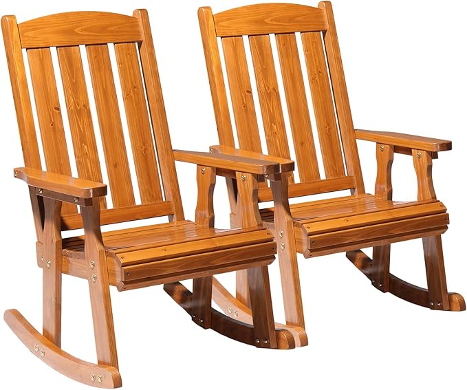 VINGLI Outdoor Rocking Chair Set of 2, Heavy Duty 600 LBS Wooden Rocking Chair with Comfortable Backrest, Weatherproof Rocker with Ergonomic Design, Suit for Patio, Garden, Yard, Teak