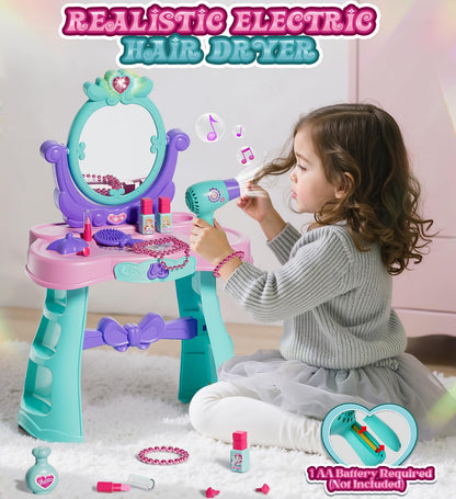 Lehoo Castle Kids Vanity Table and Chair Set with Mirror Light Music, Toddler Girls Makeup Table with Stool ＆ Hair Dryer, Pretend Play Princess Dress Up Vanity Set, Birthday Gifts for 3 Year Old Girl