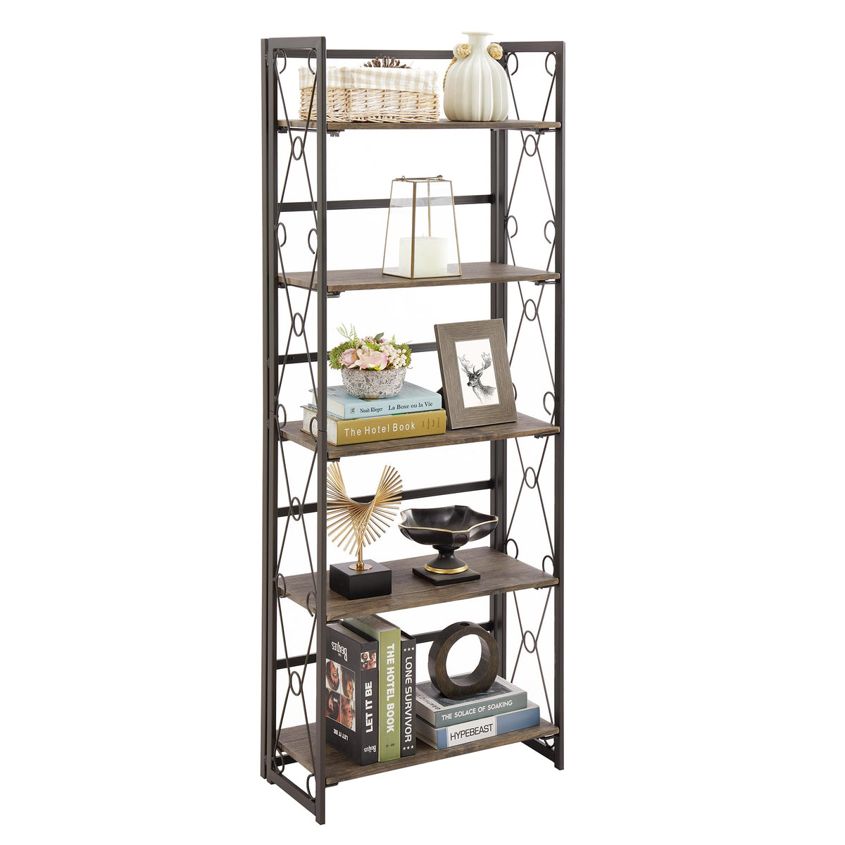VECELO Folding Bookshelf, 5-Tier Bookcase Foldable, Industrial Tall Book Shelf Storage Organizer with Collapsible Metal Frame for Living Room/Home Office,Rustic Brown,1 Set