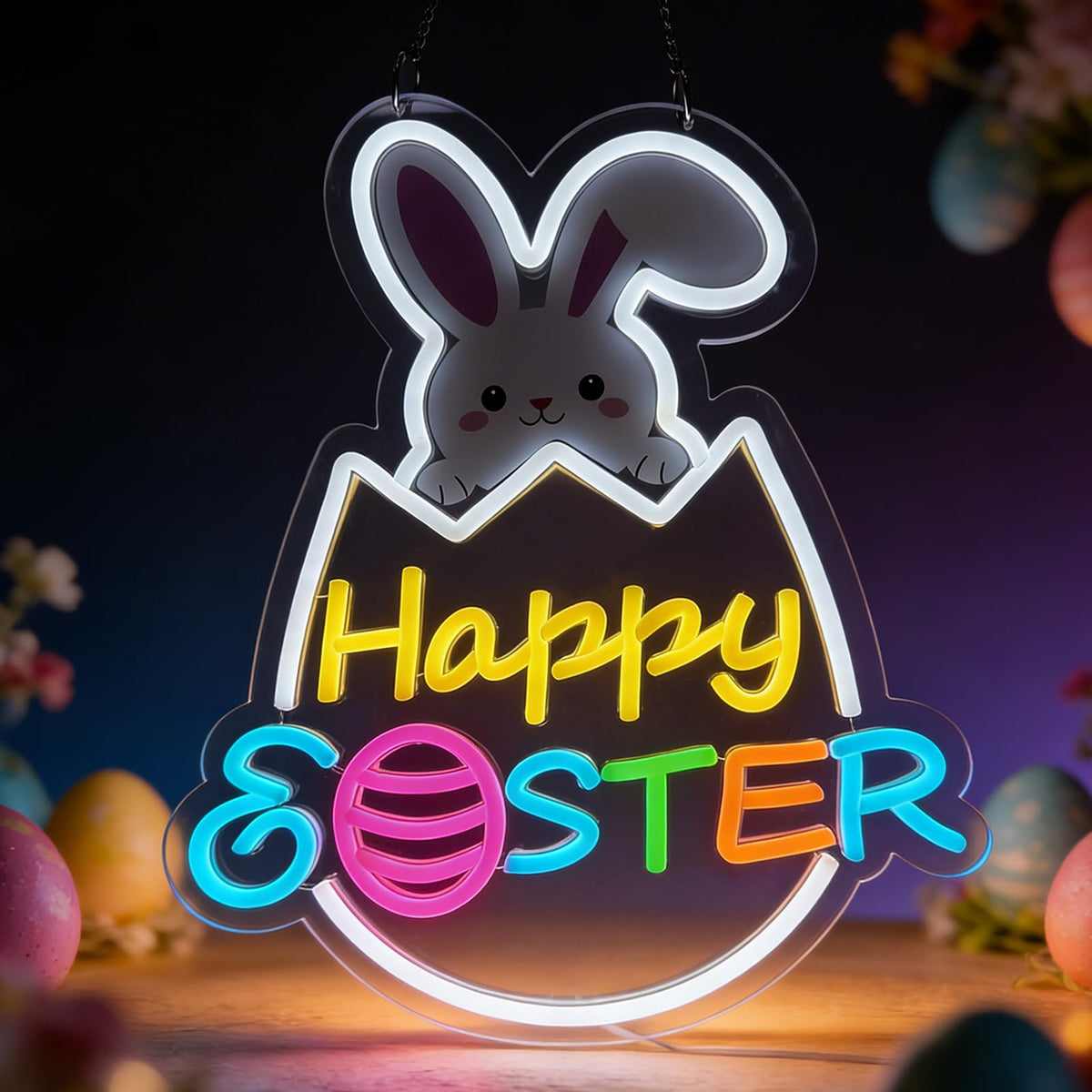 RumonZS Easter Decorations LED Neon Sign 15 In Happy Easter Neon Sign LED Rabbit Egg Window Lights Home Party Indoor Outdoor Wall Bunny Decor Light Up Sign for Bedroom Easter Birthday Party Decor