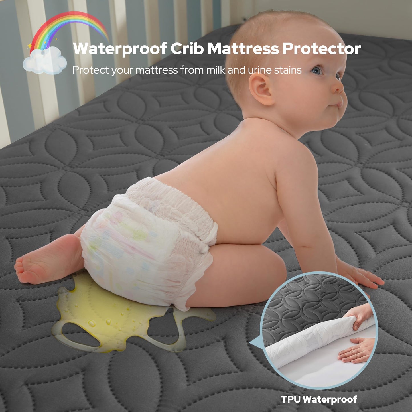 Waterproof Crib Mattress Protector 2 Pack, Soft and Breathable Crib Mattress Pad Cover, Noiseless Machine Washable Toddler Mattress Protector for Standard Baby Toddler Bed (52''x28'',Gray)