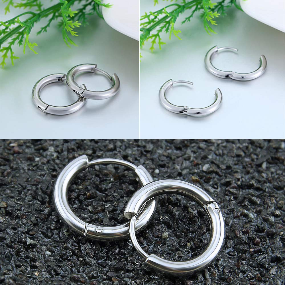316L Surgical Stainless Steel Huggie Hoop Earrings 10mm Silver Hypoallergenic Earrings Hoop Cartilage Helix Lobes Hinged Sleeper Earrings For Men Women(C02:10mm Silver(THK 2.0mm))