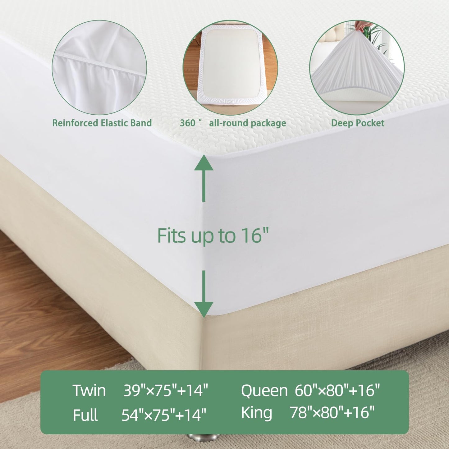 JOSOP 100% Waterproof Queen Mattress Protector,Breathable Cooling 3D Air Bamboo Viscose Mattress Pad Cover,6"-16'' Deep Pocket Fitted Sheet,Noiseless Machine Washable Queen Size Mattress Protector