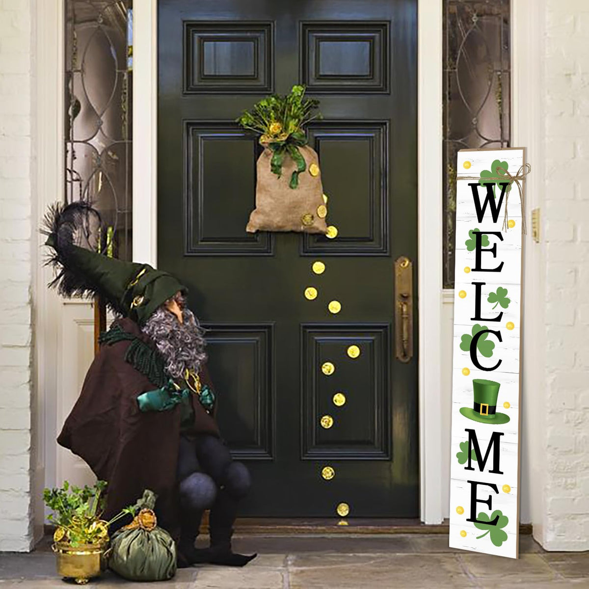 St. Patrick's Day Wooden Porch Sign 47" Spring Large Welcome Porch Sign for Home Front Door Yard Clover Party Decor (Green)