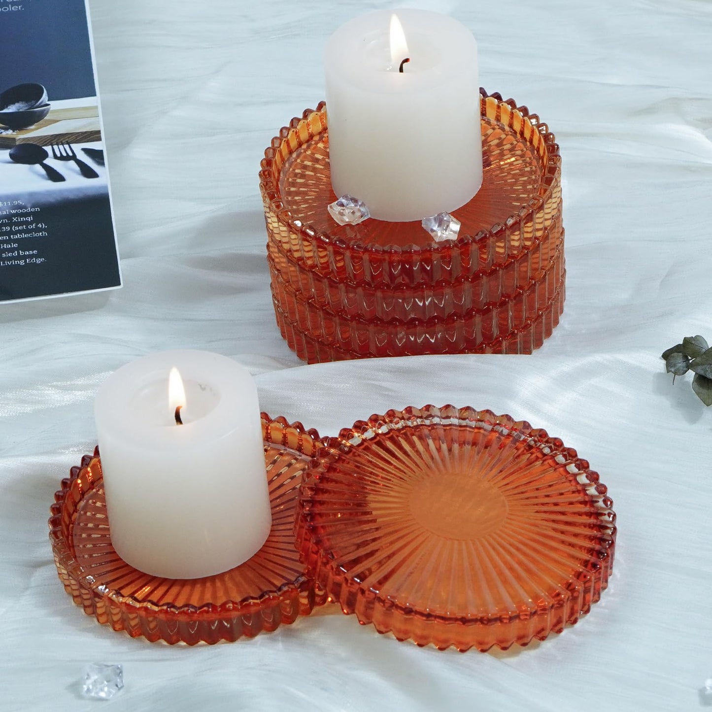 Jollyhilan Candlestick Glass Candle Holder Plates Set of 6, Round Glass Candle Tray Plates for Dining Wedding Lantern Festival Party Evening Light, Amber