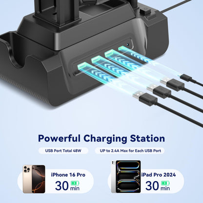 KDD Charging Station for Multiple Devices - 4 Ports Charging Dock with Controller and Headset Stand - 3 USB A & 1 USB C for Cellphone Tablet and Other Electronic - Multi Storage for Gaming Accessories