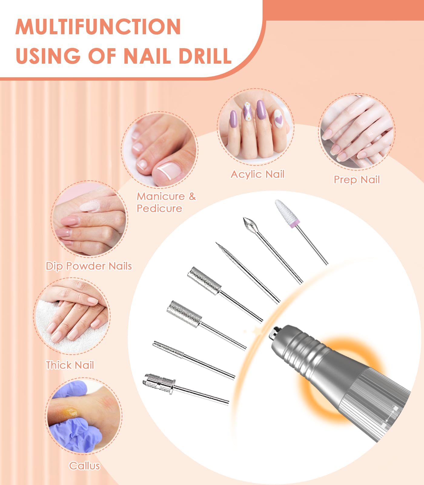 Portable Nail Drill Electric File: 40000RPM Professional Rechargeable Nail E-File Machine, Cordless Nail Drill with Bits & Base for Acrylic Nails Remove Nail Gel Polish Manicure for Salon Home, White