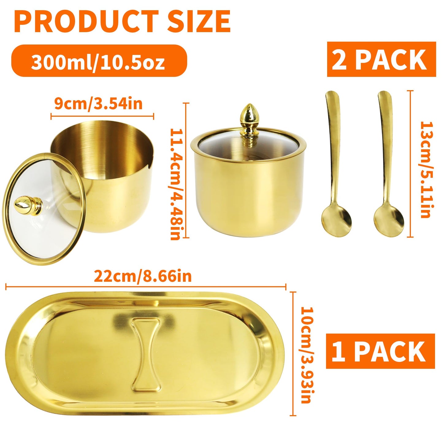 ACOSIY 2 Pack Gold Stainless Steel Sugar Bowl with Lid and Spoon, 10.5oz Small Sugar Container for Coffee Bar, Drum Shape Sugar Cube Holder, Spice Jars for Countertop, Kitchen Ghee Container (2)