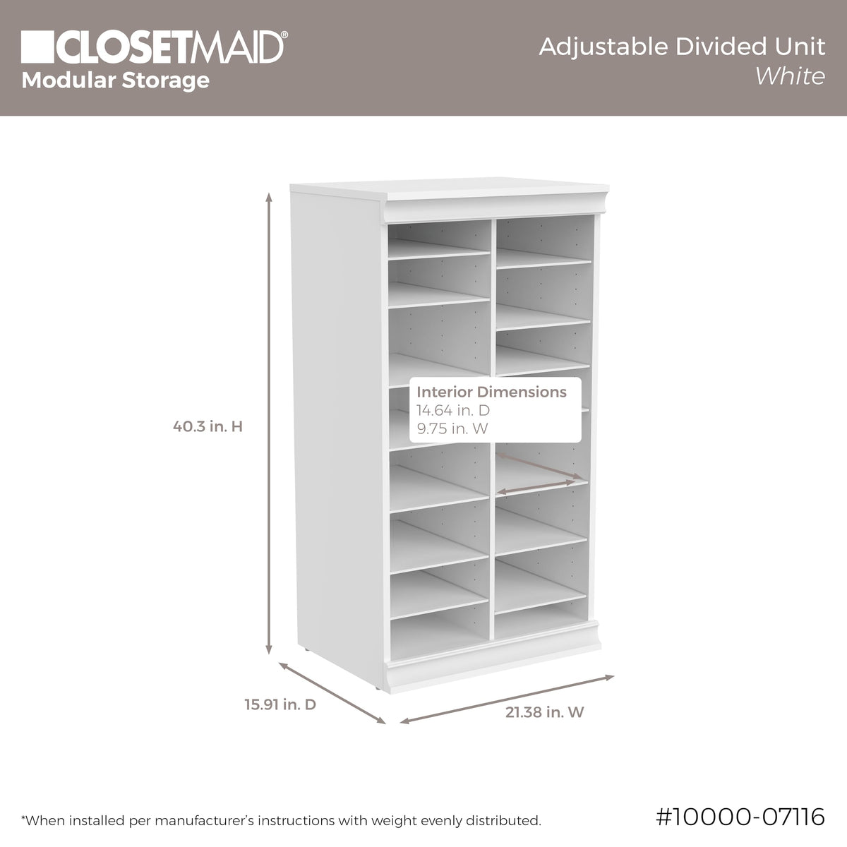 ClosetMaid Modular Adjustable Divided Storage Shelving Unit Organizer, 15.94-Inch D x 40.3-Inch H x 21.38-Inch W, White