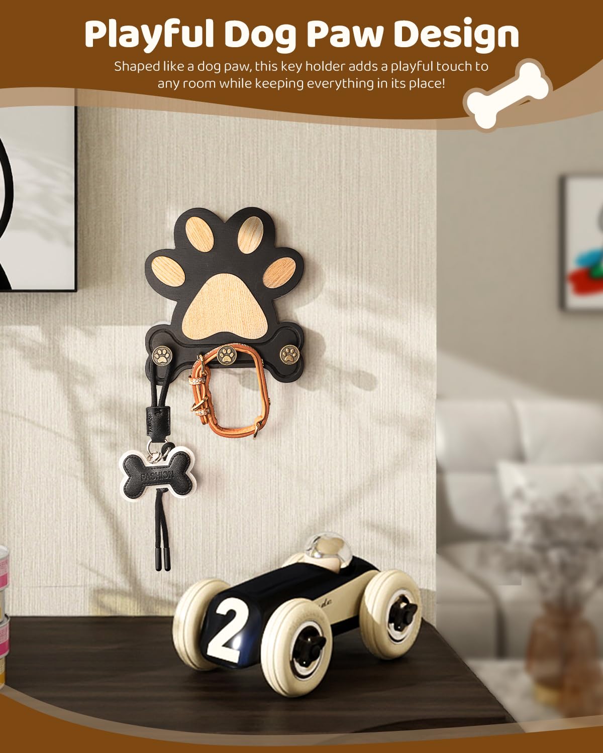 MTERSN Pine Wood Key Holder Wall Mount – Cute Dog Paw Key Hooks for Dog Leash Holder & Coat Rack for Entryway, Bedroom, or Living Room – Rustic Farmhouse Wall Decor for Home Organization (Black)