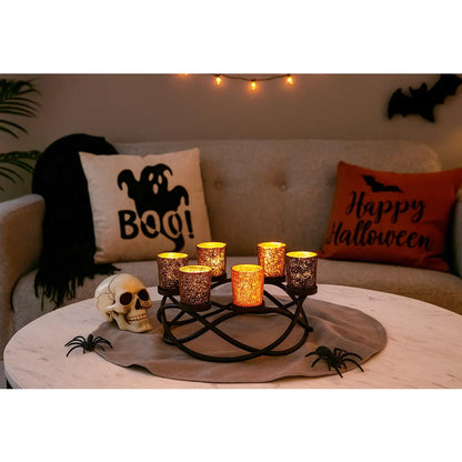 Seraphic Halloween Centerpiece Table Decor Candle Holder for Kitchen, Dining Room, and Coffee Tables, Glass Votive Tealight Holders, Black, 6 Black/Orange Cups