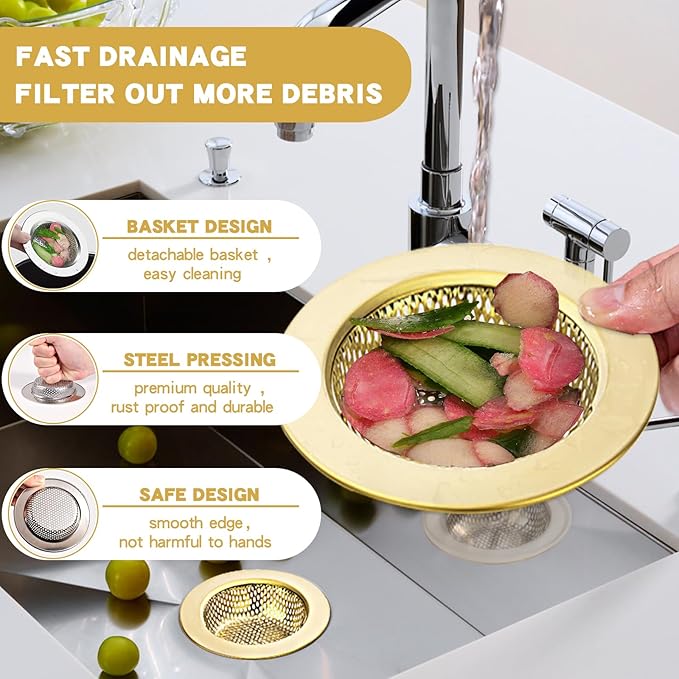 RQYEKDO Kitchen Sink Drain Strainer，2 Pack Stainless Steel and Gold Mesh Sink
