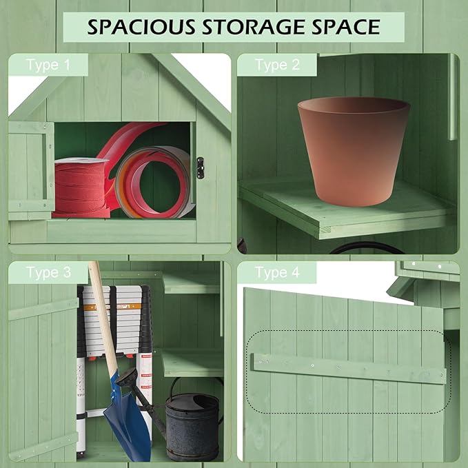 Outvita Outdoor Storage Cabinet, 70in Wooden Vertical Garden Tools Shed, Patio Storage Organizer with Latch & Waterproof Roof for Yard Deck Lawn Farmland Equipment(Green)